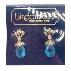 Lindenwold Mixed Metal Two Toned Tear Drop Blue Crystal Earrings